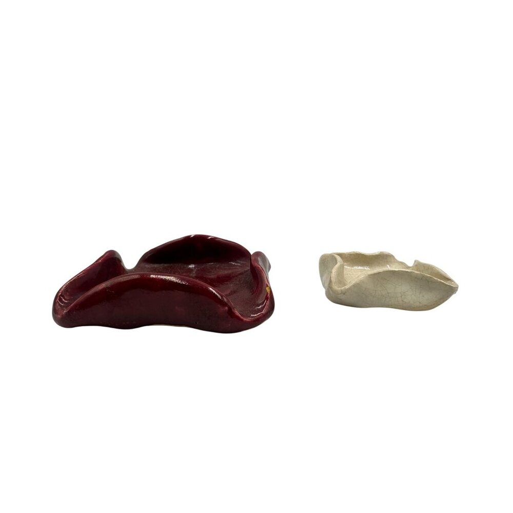 Abstract Handmade Ceramic Trinket Dishes Set Of 2 In Red & Beige Glaze Accents